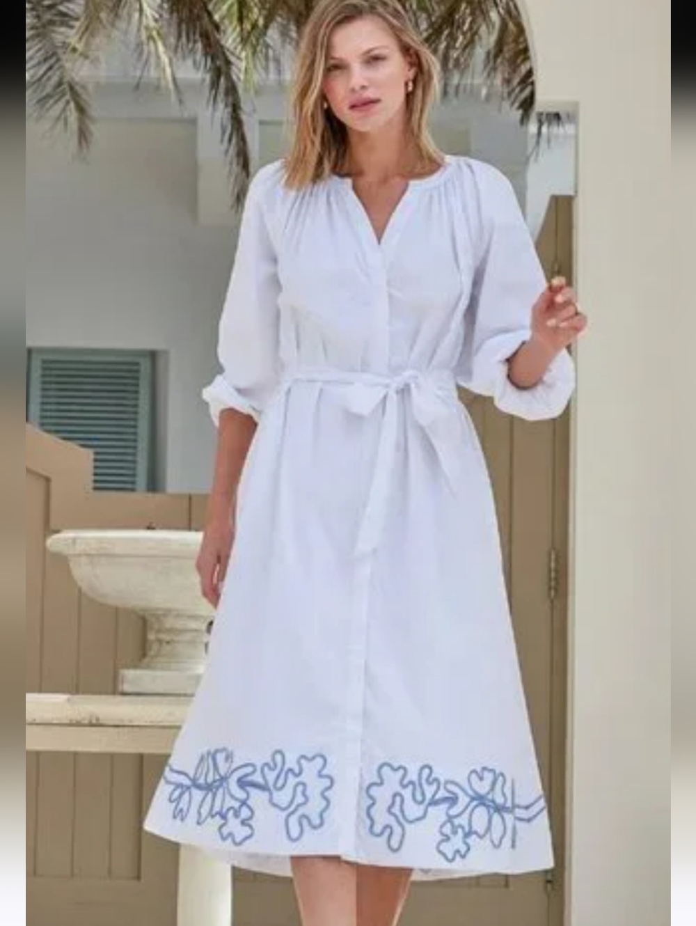 Women's White Dress with Blue Embroidery
